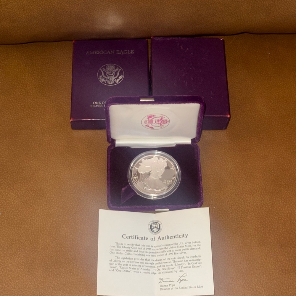 United States US 1986 Silver Eagle Proof In box 1 troy Oz Ag 1st Year Issue COA